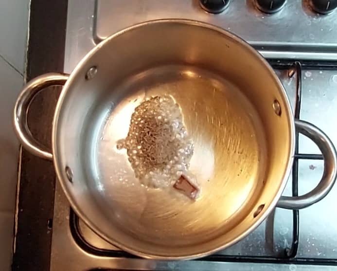 In a pan, heat 1 teaspoon ghee and 1 teaspoon oil. Add a 2-inch-long cinnamon stick and splutter 1 teaspoon of cumin seeds. Saute for a few seconds.