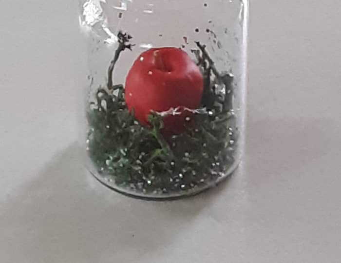 Glue tiny red apple on to the top of moss and bottom of the jar. Use a pair of tweezers to lower the little apple inside of the jar!