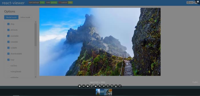 This is a React image modal solution with lots of built-in features, including zooming, transform functionality, and thumbnails.