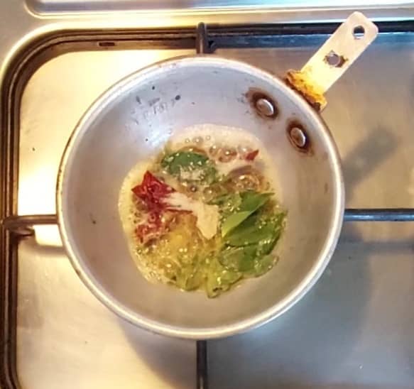 In a frying pan, heat 1 teaspoon ghee and splutter 1/2 teaspoon mustard seeds and 1/2 teaspoon cumin seeds. Add 1-2 broken red chilies, a sprig of curry leaves and 1/4 teaspoon hing. Mix and switch off the flame.