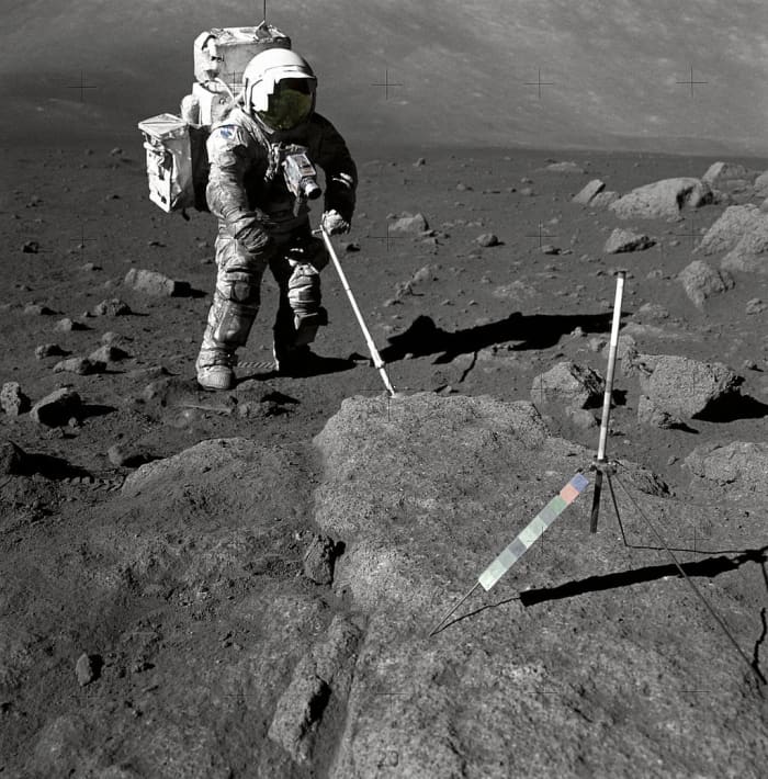 Schmitt collects lunar specimens during the Apollo 17 mission. He was the only professional scientist to walk on the moon during Apollo. California Institute of Technology (BS) University of Oslo Harvard University (PhD)