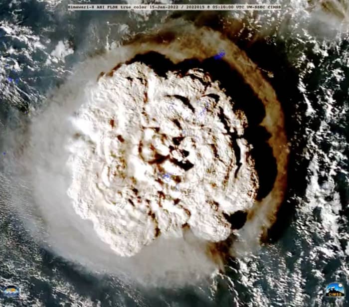 The underwater Tonga volcano, locally known as Hunga Ha'apai by island Natives, the volcano erupted in January 2022, sending huge ash clouds high into the atmosphere.