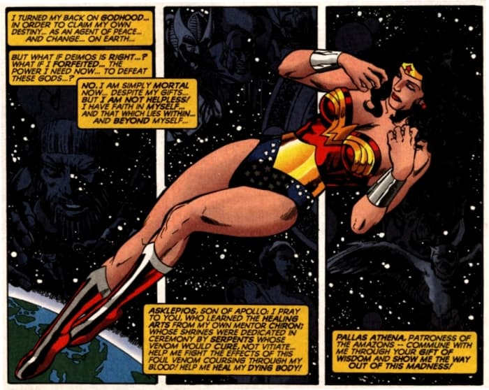 Diana in a mental void as she prays to the gods to help free her from the grasp of Deimos's beard of snakes.