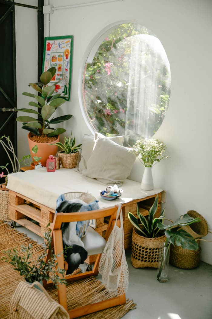 A lush, sustainable home garden with various plants and compost bin