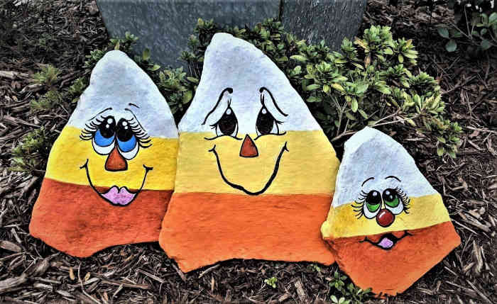 Find and trace images from Pinterest to create an adorable trio of candy corn rocks.
