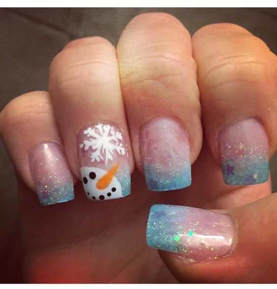 Everyone;s favorite snowman Olaf is featured on this nail art