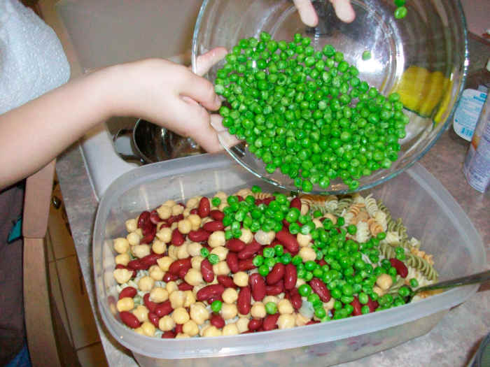 Kids Cook Monday Pasta Salad with Chickpeas, Red Kidney Beans, and