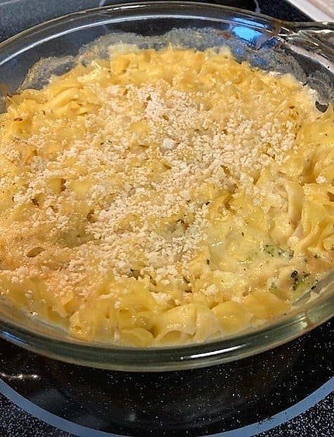 Serve hot with a crusty bread. If you let it sit for a few minutes after baking, the cheese sauce will thicken a bit more.