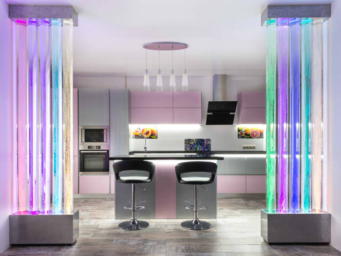 An Aquarius kitchen should pop. It should have bright colors, plenty of storage, and lots of electronics.