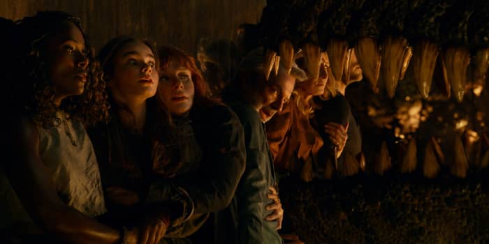 From left to right: DeWanda Wise, Isabella Sermon, Bryce Dallas Howard, Sam Neill, Laura Dern, and Chris Pratt star in, "Jurassic World Dominion."