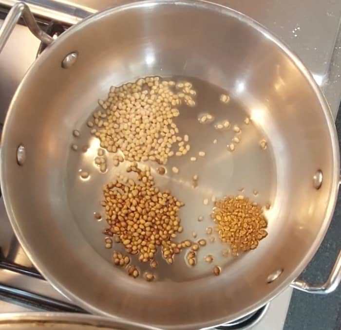 In a frying pan, heat 1 teaspoon oil. Add 1 teaspoon coriander seeds, 1/4 teaspoon methi seeds and 1 teaspoon urad dal. Fry for 1 minute.
