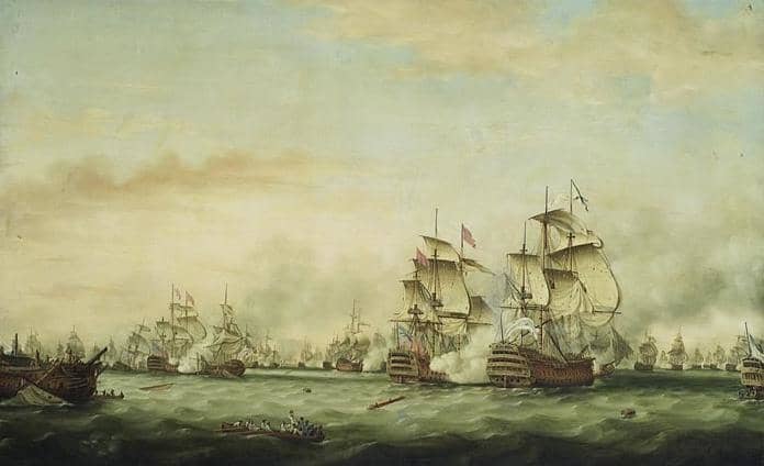 "Battle of the Santes" by Thomas Whitcombe depicting sea battle between British and French fleets near West Indian Island of Dominica. (Public Domain Photo courtesy of WikiPedia.org http://en.wikipedia.org/wiki/File:Whitcombe,_Battle_of_the_Saints.