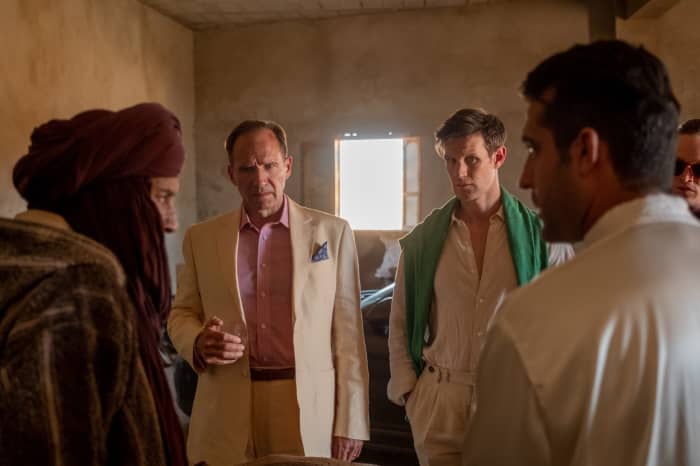 From left to right; Ismael Kanater, Ralph Fiennes, Matt Smith, and Mourad Zaoui as Abdellah Taheri, David Henninger, Richard Galloway, and Hamid in, "The Forgiven."