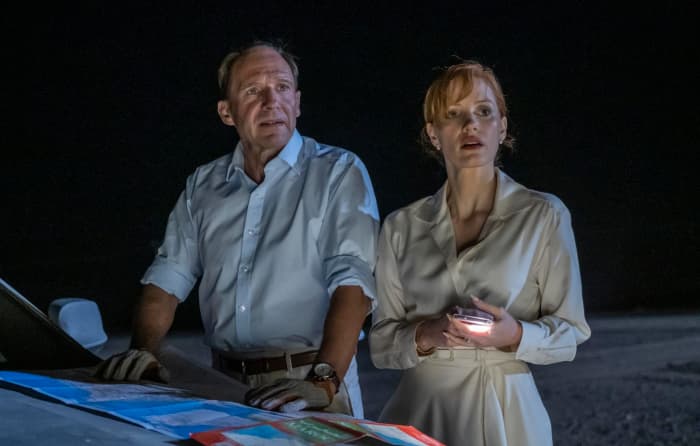 Ralph Fiennes and Jessica Chastain as David and Jo Henninger in, "The Forgiven."