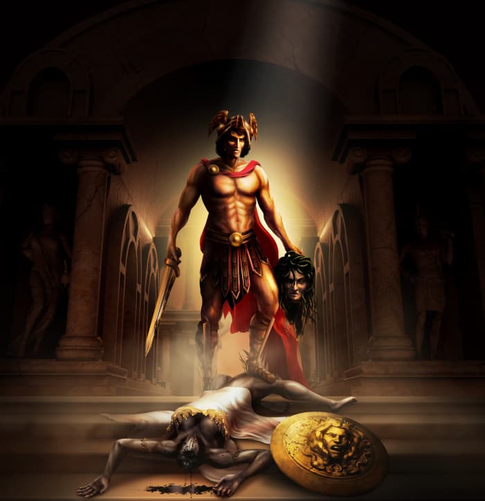 The Greek hero Perseus faces his ultimate ordeal in the lair of the Medusa. He "seizes the sword" in the form of Medusa's decapitated head.