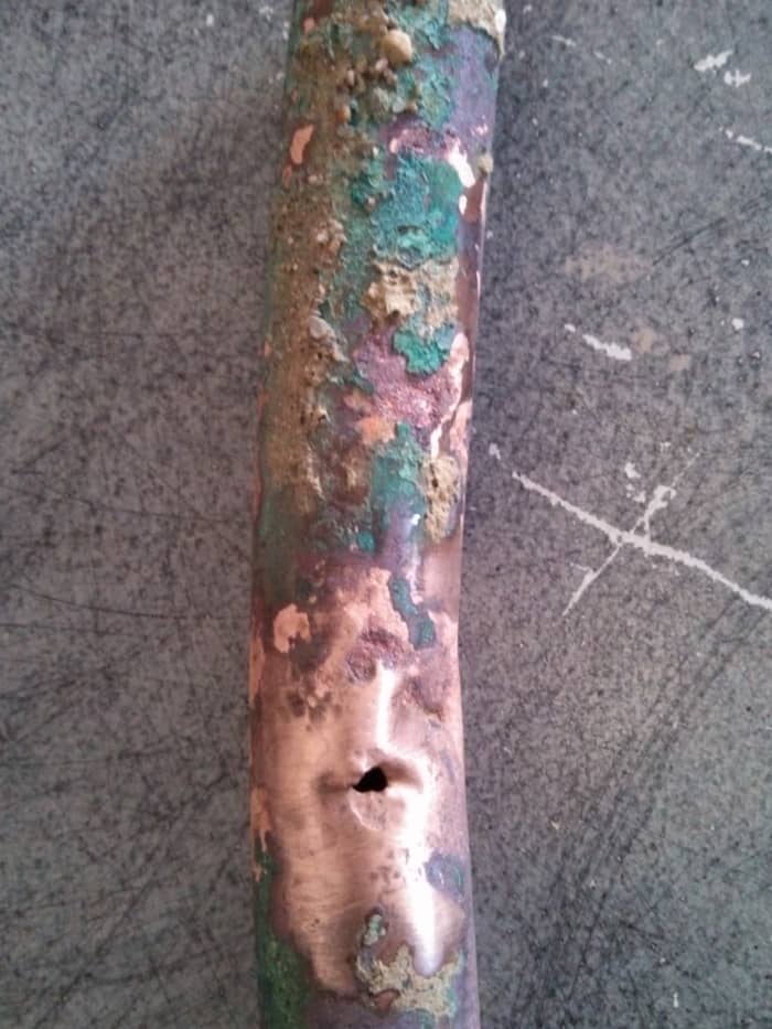 This is a leak in cold rolled copper piping. The home was only 13 years old. This was the homeowner's second leak in about a year.