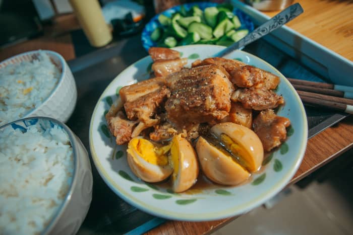 It's always pork adobo with eggs. This is my personal favorite. There are two approaches. Both methods necessitate boiling the eggs ahead of time. When the pork is tender, add boiled eggs to the first version.
