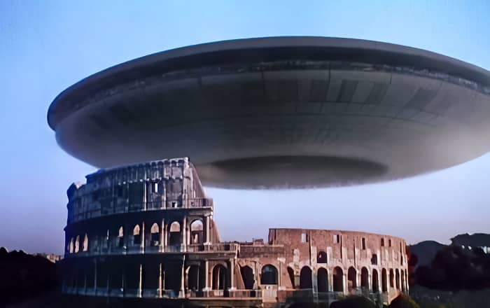 A Visitors’ (V) Mothership hovering over Rome. A Visitors’ (V) Mothership hovering over Rome. Soon, its inhabitants will be making pasta with humans.