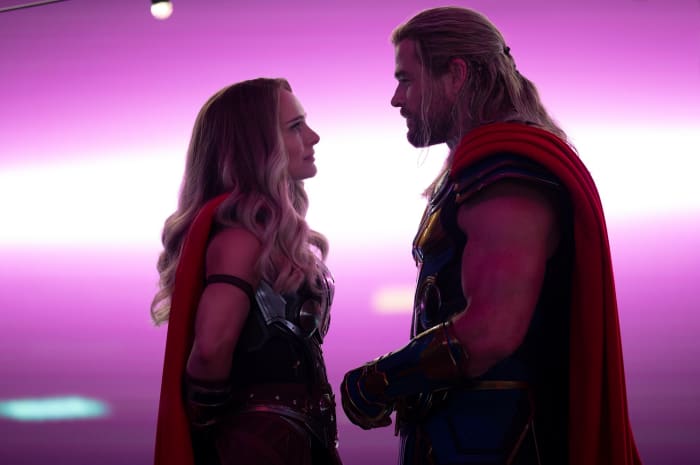 Natalie Portman and Chris Hemsworth as Jane Foster/The Mighty Thor and Thor in, "Thor: The Dark World."