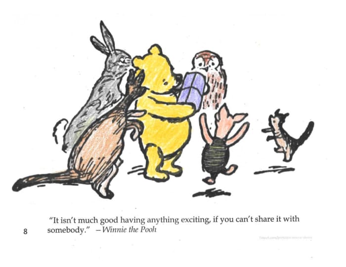 This is a completed sample of coloring sheet # 8 on the pdf document. The picture shows Winnie-the-Pooh, Rabbit, Kanga, Owl, Piglet, and Roo.
