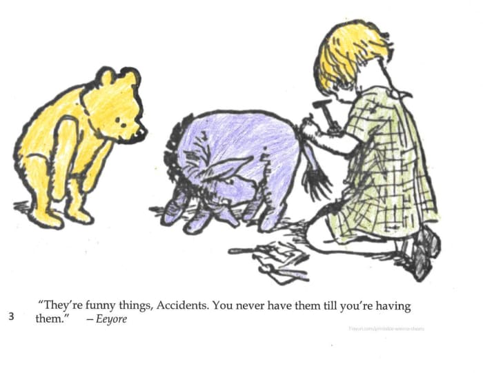 This is a completed sample of coloring sheet # 3 on the pdf document. The picture shows Winnie-the-Pooh, Christopher Robin, and Eeyore.