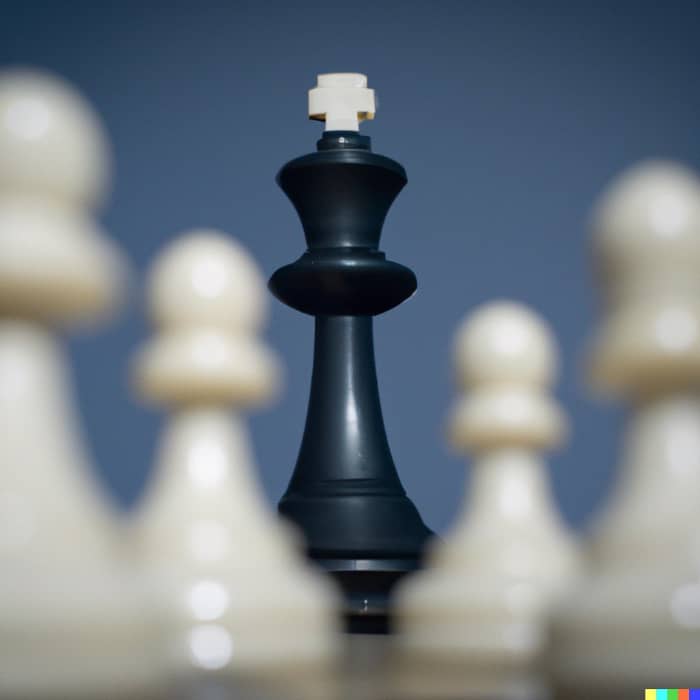 A king chess piece looming over a chess board, from the perspective of the tiny pieces facing it from below (Actual text prompt used)