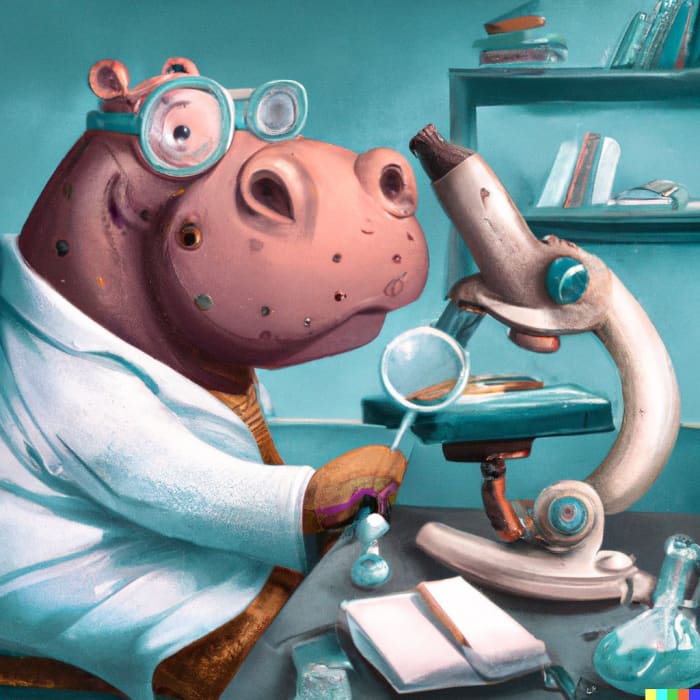 A scientist hippopotamus inspecting a sample with a microscope, digital art (Actual text prompt used)