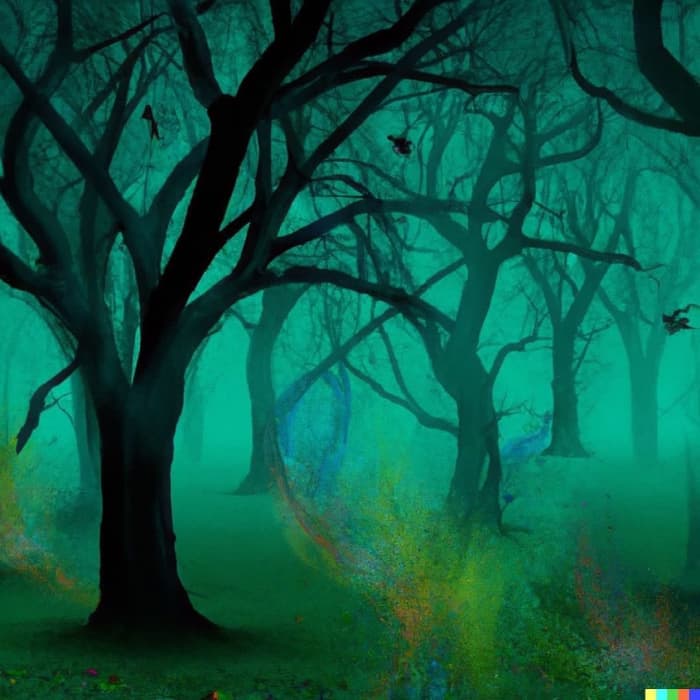 A foggy magical halloween forest, childs storybook style (Actual text prompt used)