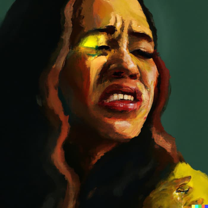 A brave young lady in deep pain, struggling to find herself while she sings, digital art (Actual text prompt used)