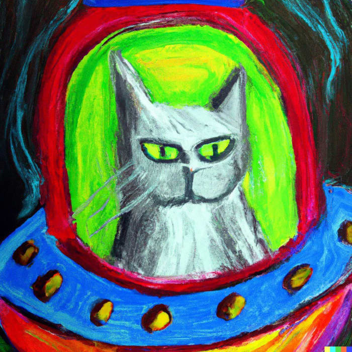 An oil pastel painting of an annoyed cat in a spaceship (Actual text prompt used)