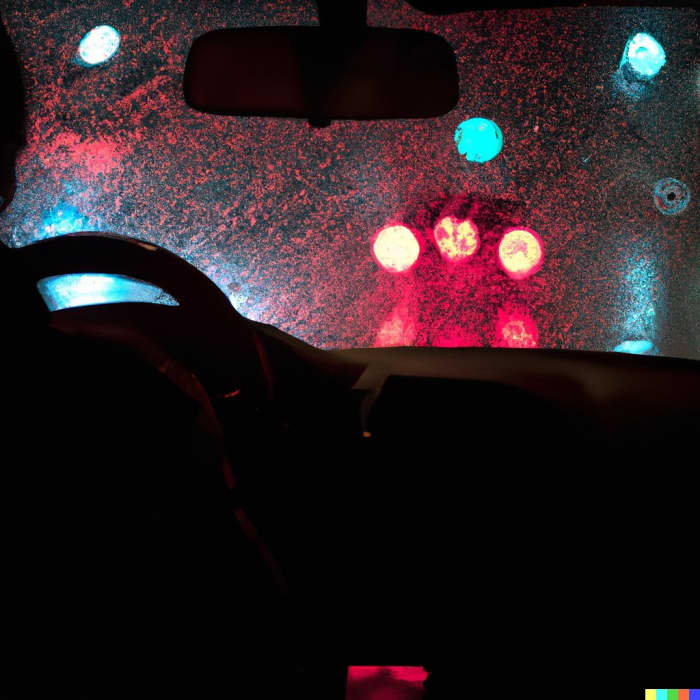 A person behind the windshield of a car at night driving while it’s raining (Actual text prompt used)