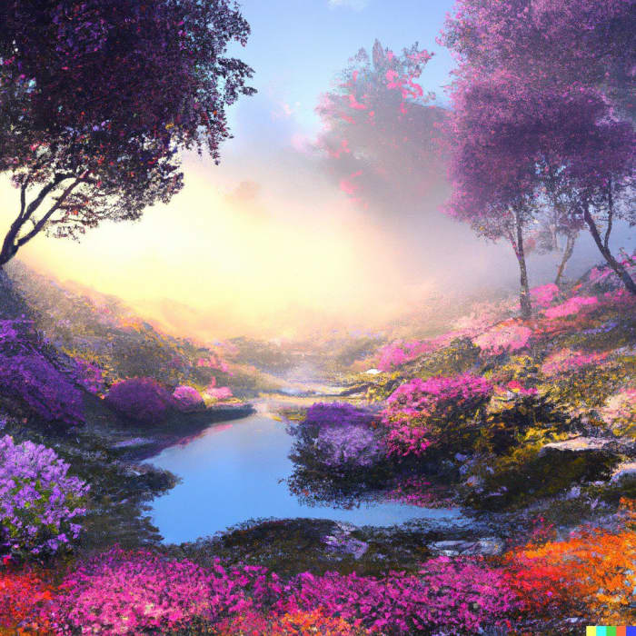 A lake surrounded by vibrant flowers, clothed in fog, digital art (Actual text prompt used)