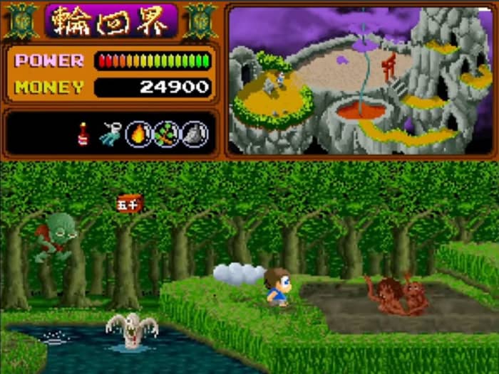 Yokai Dochuki features a journey into the depths of hell, with the beginning stage explicitly named “Hell’s Entrance.” What’s seen in the stages, however, is a mix of hellish punishments and spiritual abodes.