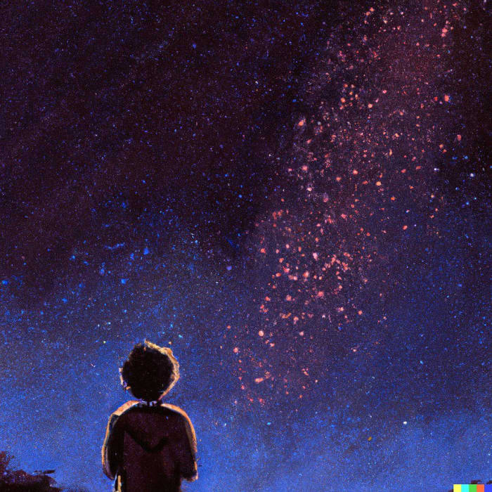 A person looking up into the heavens at night with the milky-way galaxy in view as a child's painting (Actual text prompt used)