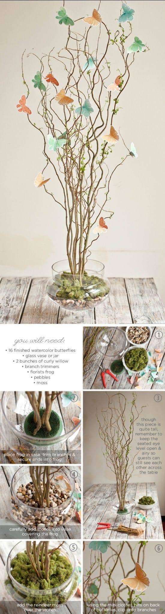 It is not difficult to make your own DIY centerpieces for your butterfly wedding. These pieces are unique and will bring smiles on the faces of your guests. Add some flowers on the branches to create a spring look