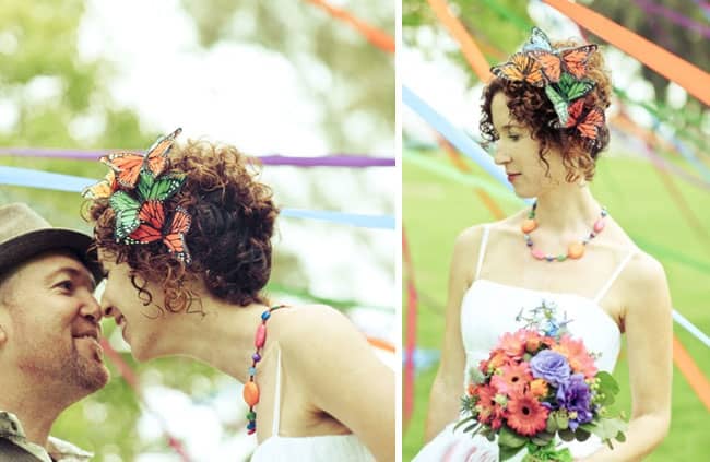 Instead o a veil, create your own butterfly head piece. Use a few butterflies as part of your hairstyle. You can chose to pin them in your hair or glue them on bobby pins or slides.