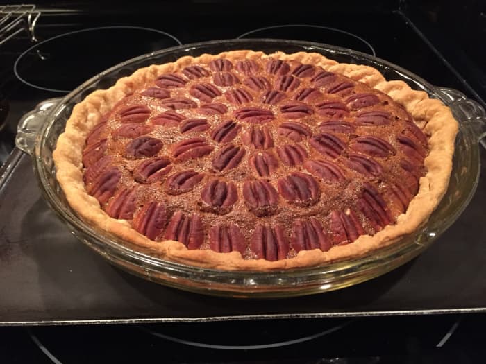 This beautiful pecan pie fresh from the oven in my grandmother’s pie pan. That pie pan is at least 70 years old.