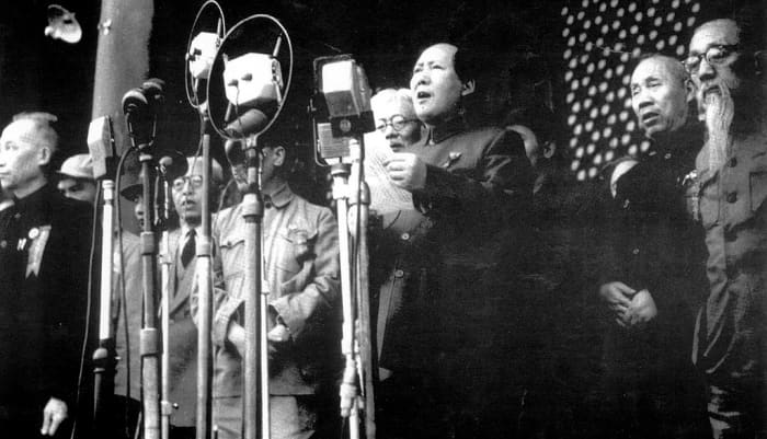 Chinese Communist Party chairman Mao Zedong announcing the founding of the People's Republic of China on October 1 1949.