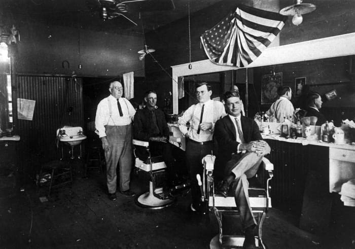 Barbershop in the 1920s, location unknown.