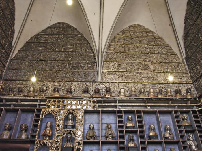 The Ursulakammer in the Basilica of St. Ursula in Cologne, where in the 17th century the largest mosaic in human bones ever was created, that covers the four walls of the room.