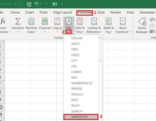 To insert the SUBSTITUTE function from the formula tab you must first navigate to: Formulas→Text→SUBSTITUTE
