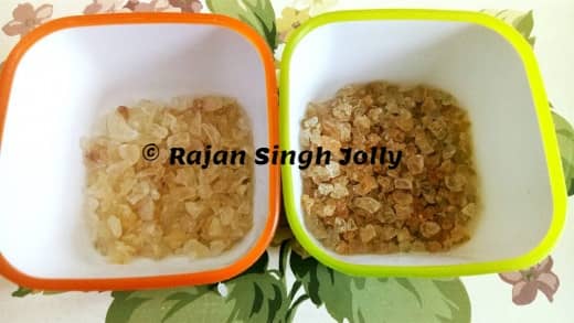 Gond Katira (Left) and Gond (Right) before soaking in water. Not much difference in looks which is what confuses many people