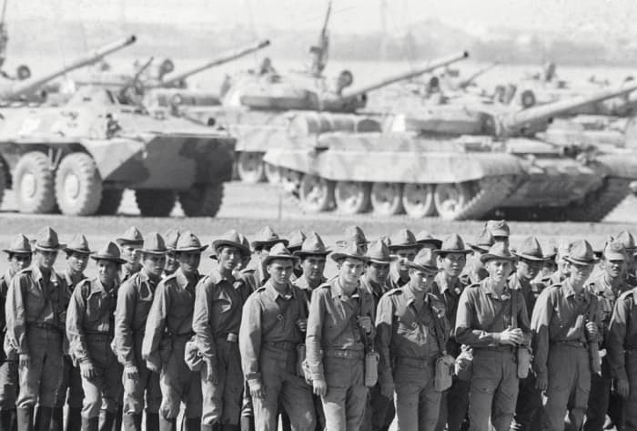 Soviet troops returning home from Afghanistan.