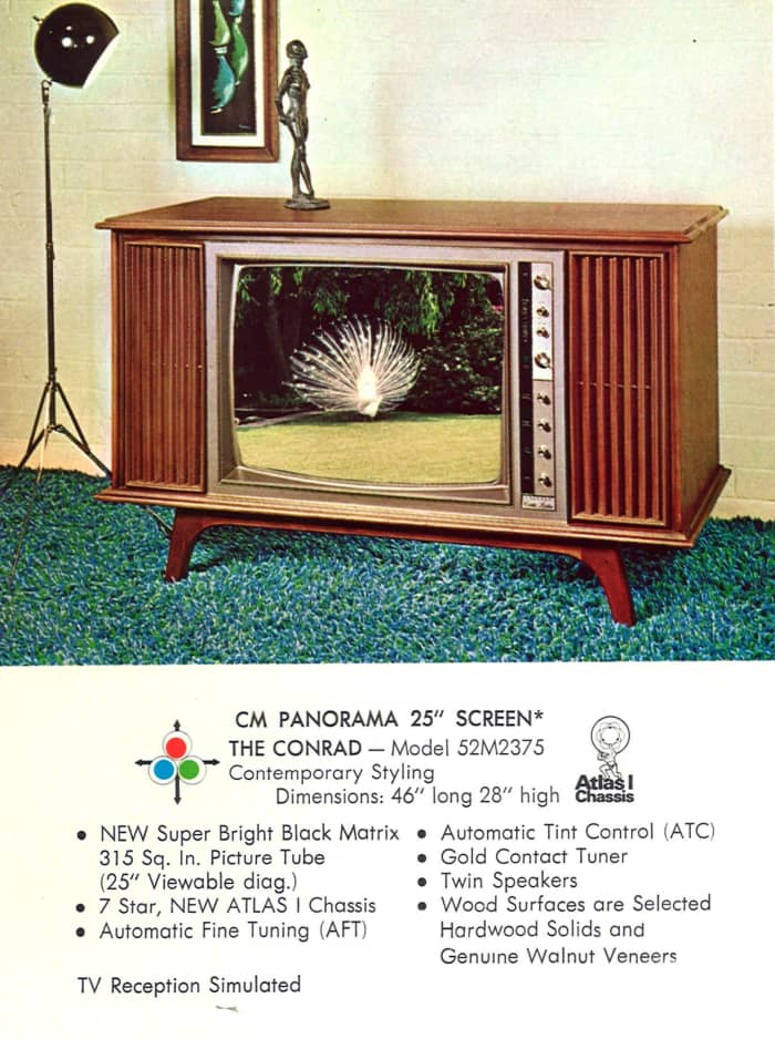 CM Panorama 25 inch Screen, The Conrad, Model 52M2375, Contemporary Styling. The dimensions are 46 inches long, and 28 inches high, automatic tint control and a gold contact tuner with twin speakers are some of the features of this console.