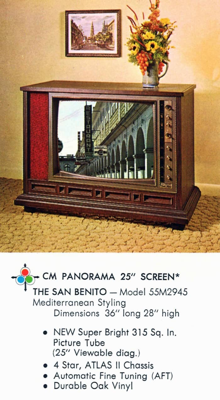 The San Benito, Model 55M2945, Mediterranean Styling, SM Panorama 25 Inch Screen. Durable Oak vinyl, new super bright 315 square inch picture tube. (25 inch viewable diagonal).