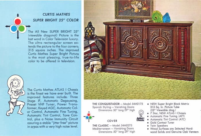 The Conquistador Model 54M0175, Spanish Styling, with Vanishing Doors. The dimensions 50" long and 29"high. This console also had the new super bright black matrix 315 square inch picture tube.