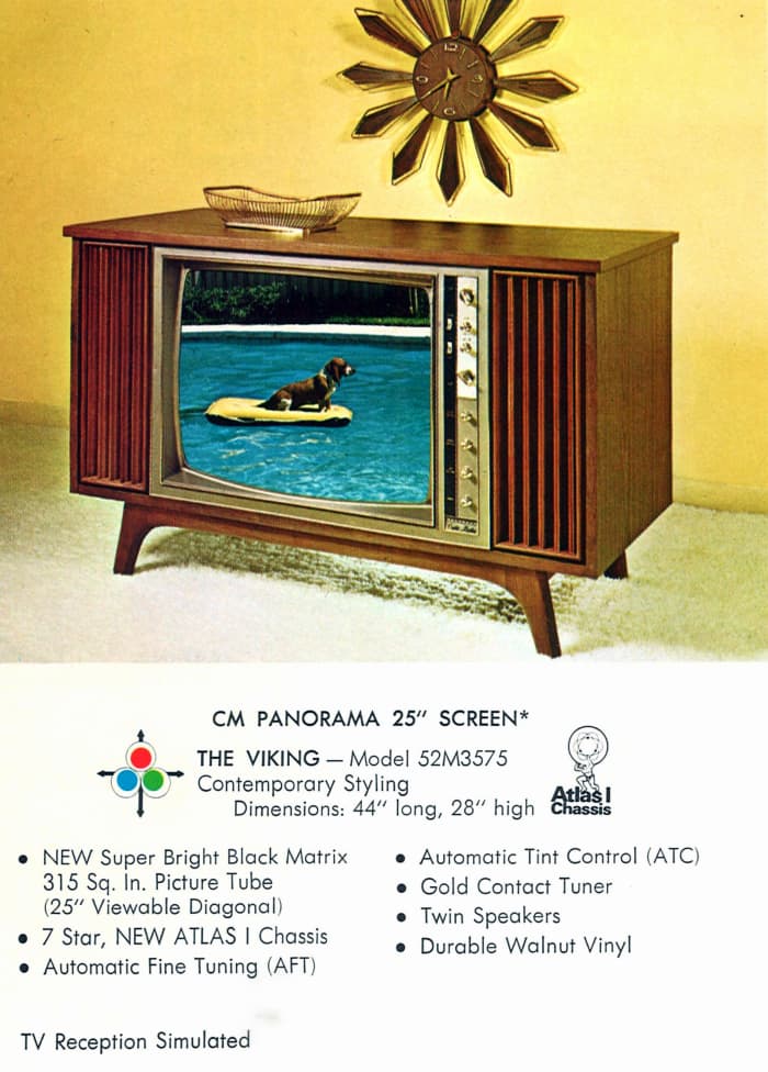 The Viking, Model 52M3575, CM Panorama 25 Inch Screen, Contemporary Styling. Durable Walnut vinyl, twin speakers, automatic tint control (ATC). Seven Star, New Atlas I Chassis.