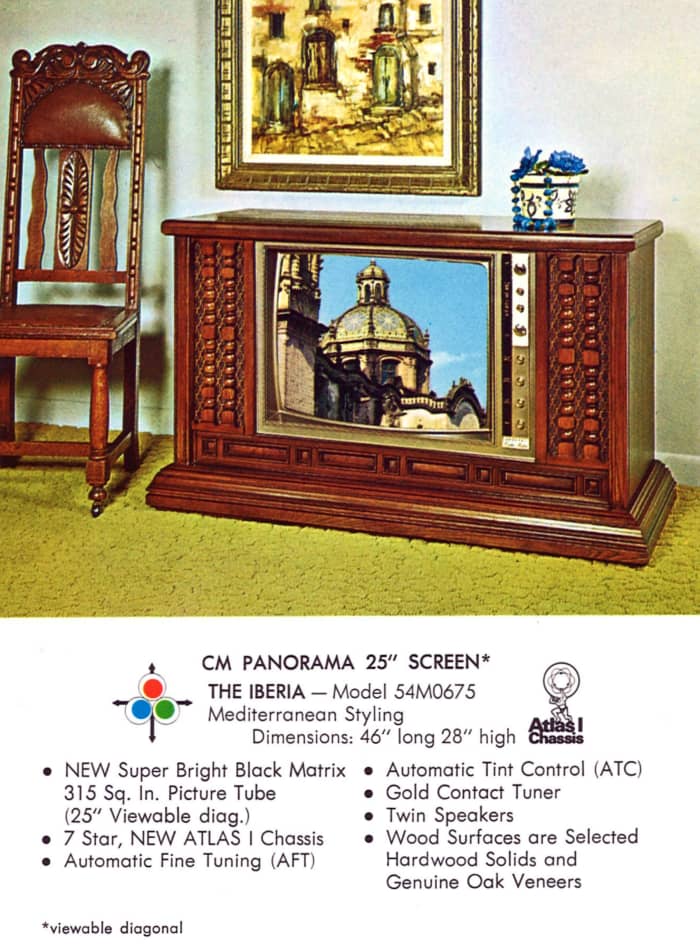 CM Panorama 25 Inch Screen, The Iberia, model 54M0675, Mediterranean Styling. Wood surfaces and selected hardwood solids and genuine oak veneers. Gold contact tuner with twin speakers.