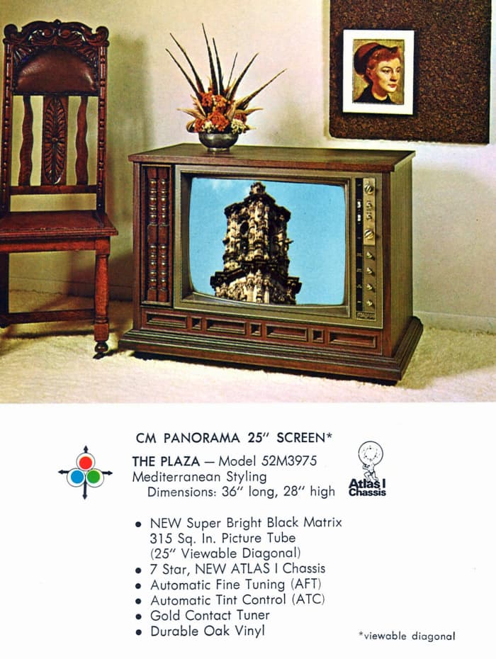 The Plaza, Model 52M3975, Mediterranean Styling, CM Panorama 25 Inch Screen. Durable oak vinyl, gold contact tuner, automatic fine tuning (AFT) and a 7 Star new Atlas I Chassis.