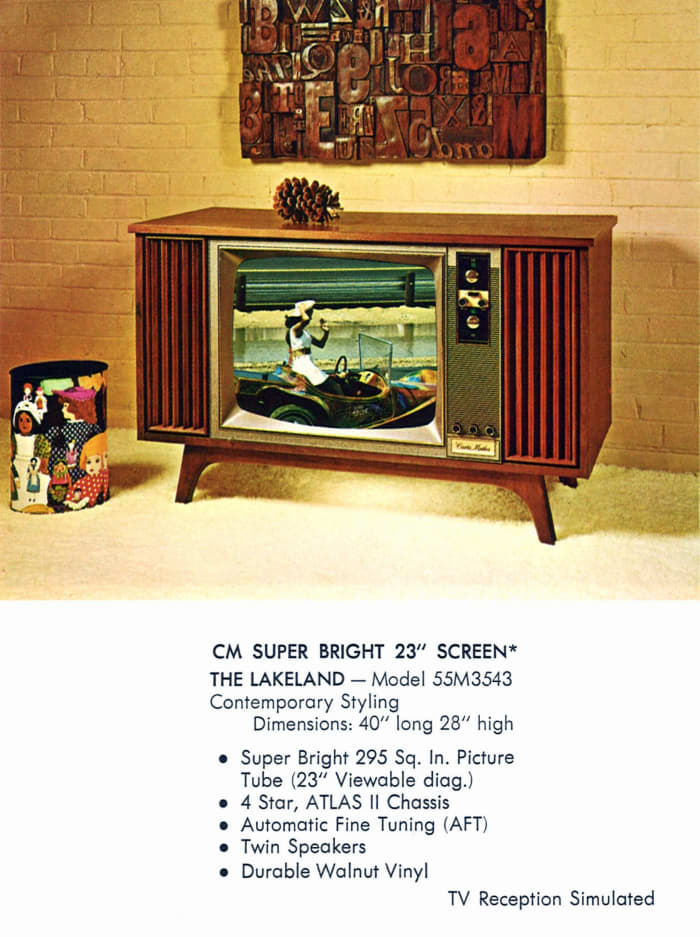 The Mertola, Model 55M3643, Mediterranean Styling, CM Super Bright 23 Inch Screen. Twin Speakers, four star Atlas II chassis, Durable Oak vinyl. Super Bright 295 square inch picture tube.